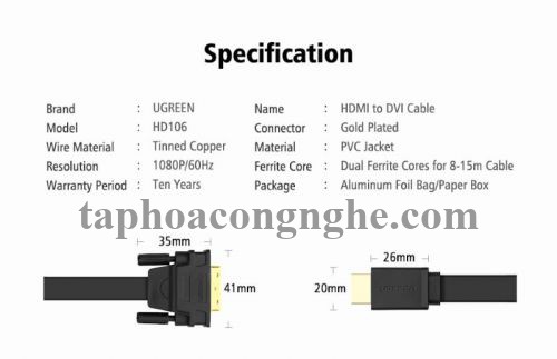Ugreen 30140 10M màu Đen Cáp chuyển đổi HDMI sang DVI 24 + 1 thuần đồng cáp dẹt HD106 30030140